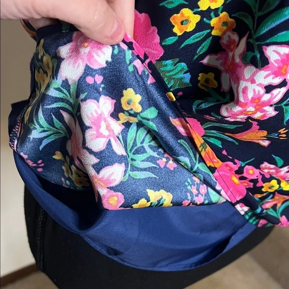 J. Crew Printed Ruffleneck Top Blouse Navy Floral Size XS